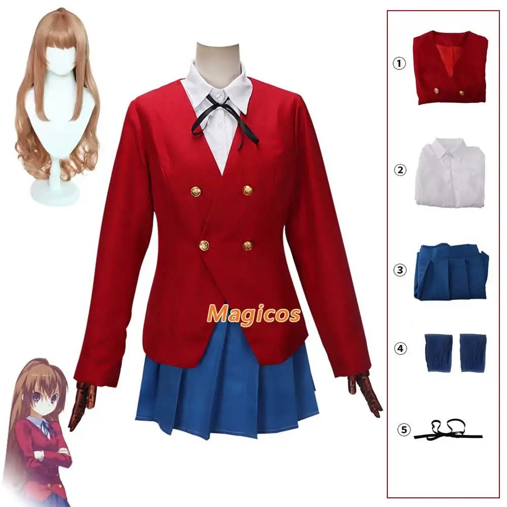 أنيمي النمر التنين Toradora Aisaka Taiga تأثيري حلي شعر مستعار الأحمر JK زي مدرسي امرأة مثير Kawaii هالوين الحرم الجامعي حفلة البدلة