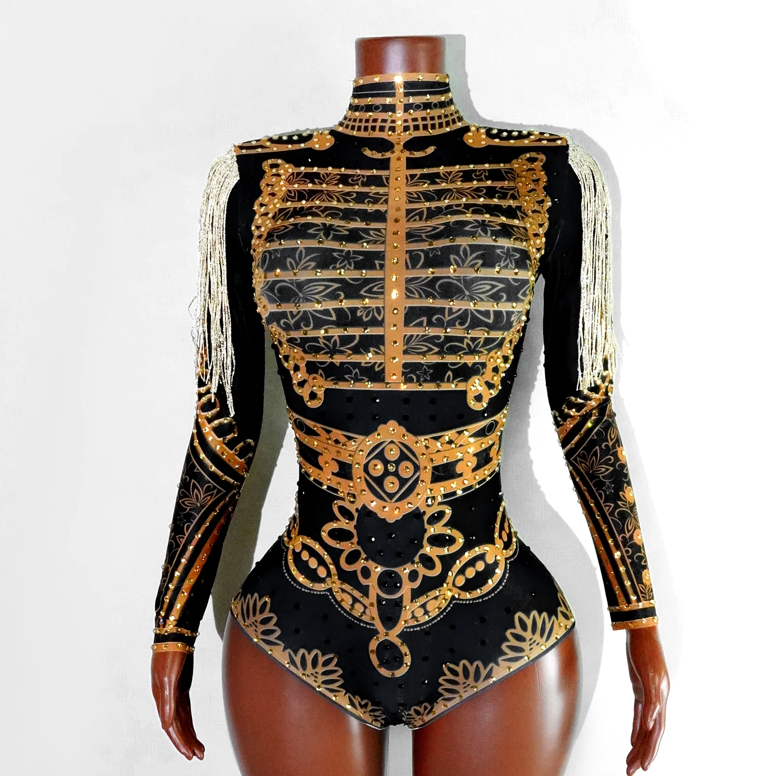 

golden sexy womens tightfitting jumpsuit Gao Ling longsleeved tassels performance dance singer party stage nightclub dj costume