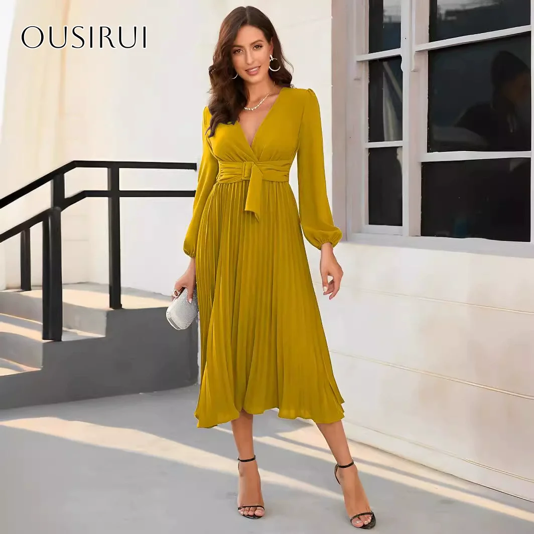

V-neck Long Sleeves Pleated Chiffon Sash A-line Homecoming Gown Tea Length Party Dress Customized vestidos de festa