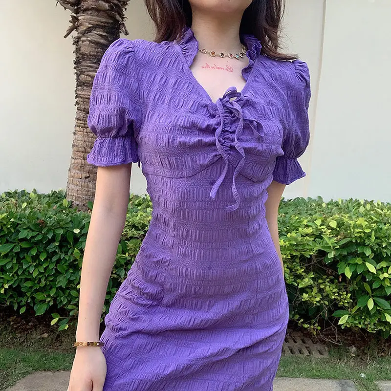 Dress With V-Neck Solid Color French Retro Slim Hot Girl Careful Purple Skirt Temperament Waist Versatile Short Skirt