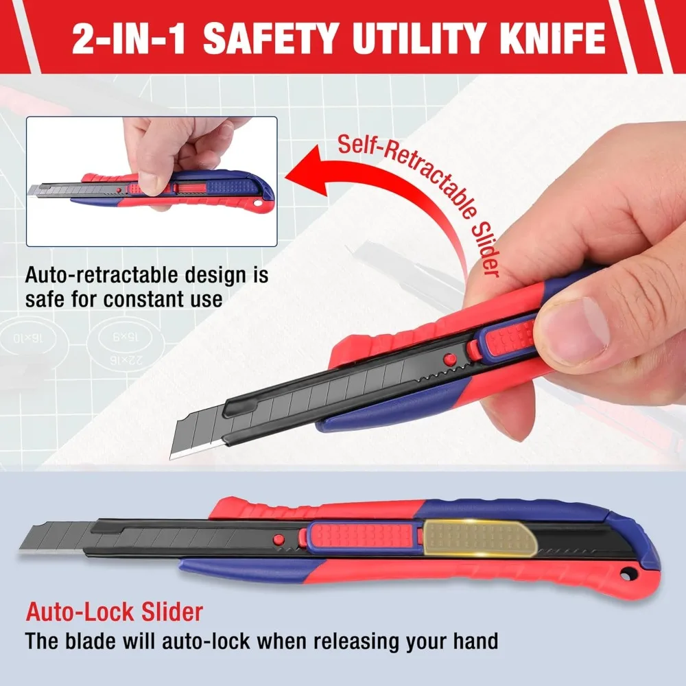 2-in-1 Safety Utility Knife, Retractable Snap-On Blade, Metal Boxed Knife Set, Craft Knife with 10 Extra 9mm Blades, 3-Pack