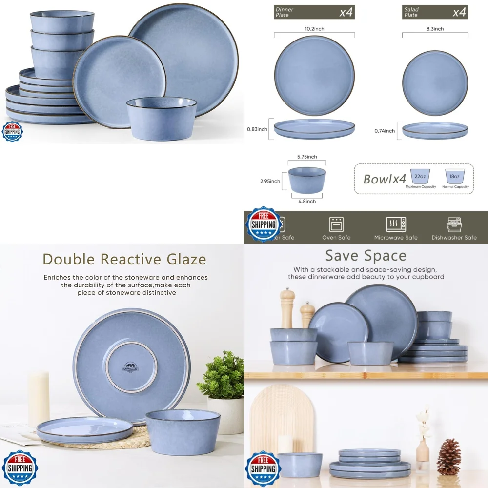 

Ceramic Tableware Set12 Piece Premium Stoneware Dinnerware Set for 4 Includes Plates and Bowls Modern Design Durable Ceramic