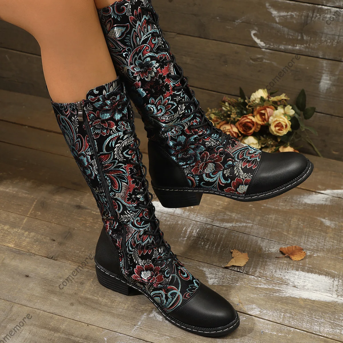 Comemore Autumn and Winter New Ethnic Style Mid-calf Boots Embroidery Splicing Side Zipper Low Heeled Knight Botas Female Shoes