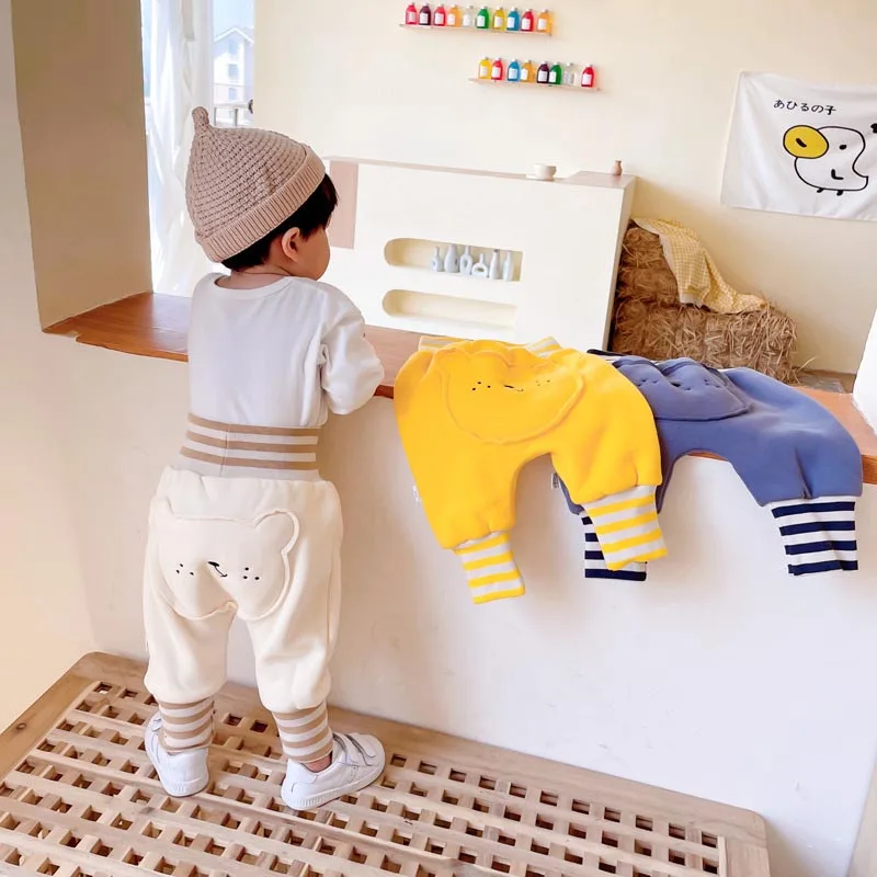 Newborn Winter 2 layer Velet Baby Harem Pants PP Bear High waist Cotton Toddler Pants Newborn Casual Trousers Elastic Warm Pants