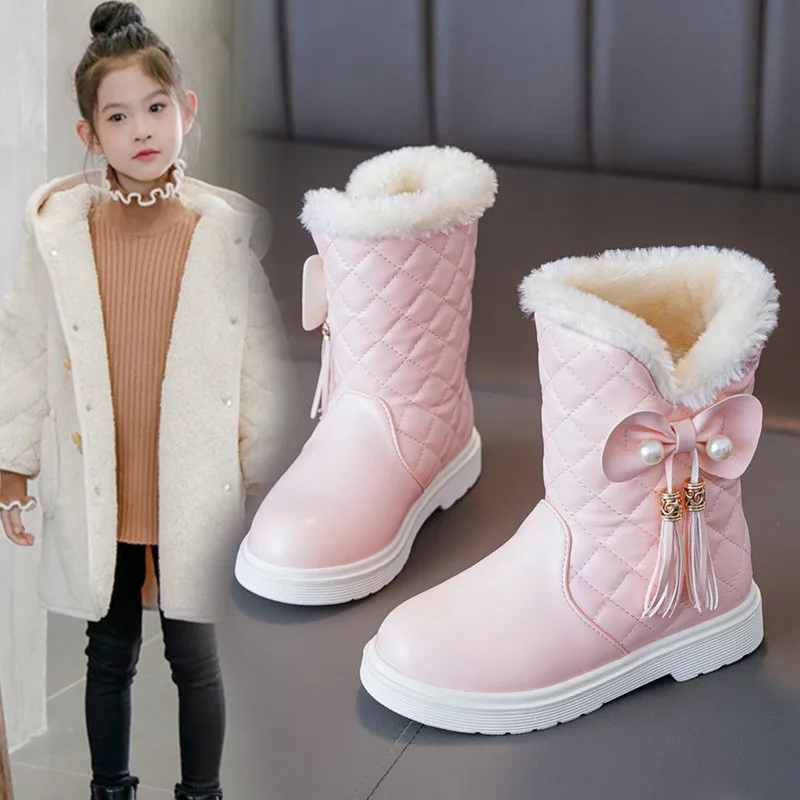 2025 Girls Snow Boots Winter Children Warm Plush Princess Short Boots Student Outdoor Soft Bottom Non-slip Kids Mid-calf Booties