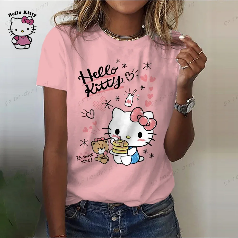 Hello Kitty T-Shirt da donna estate moda manica corta top stampa o-collo T-Shirt Casual per abbigliamento Y2k da donna Plus Size Tees