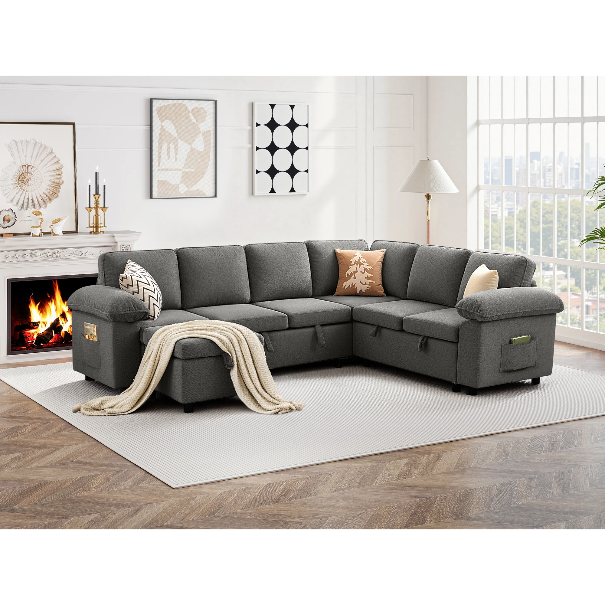 KERDOM 112" L Shaped Modular Sectional Sofa, Convertible Couches with Movable Ottoman and Side Storage Pockets, Deep Seat Comfortable Sofa for Living Room, Bedroom and Apartment, Oversized Corner Couch with Solid Wood Frame and Pillow, Gray