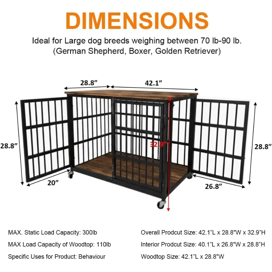 قفص كلب عالي التحمل مقاس 48/42/38 بوصة للكلاب الكبيرة للاستخدام الداخلي قفص كلب خشبي مقاوم للهروب ومقاوم للمضغ مصمم لـ