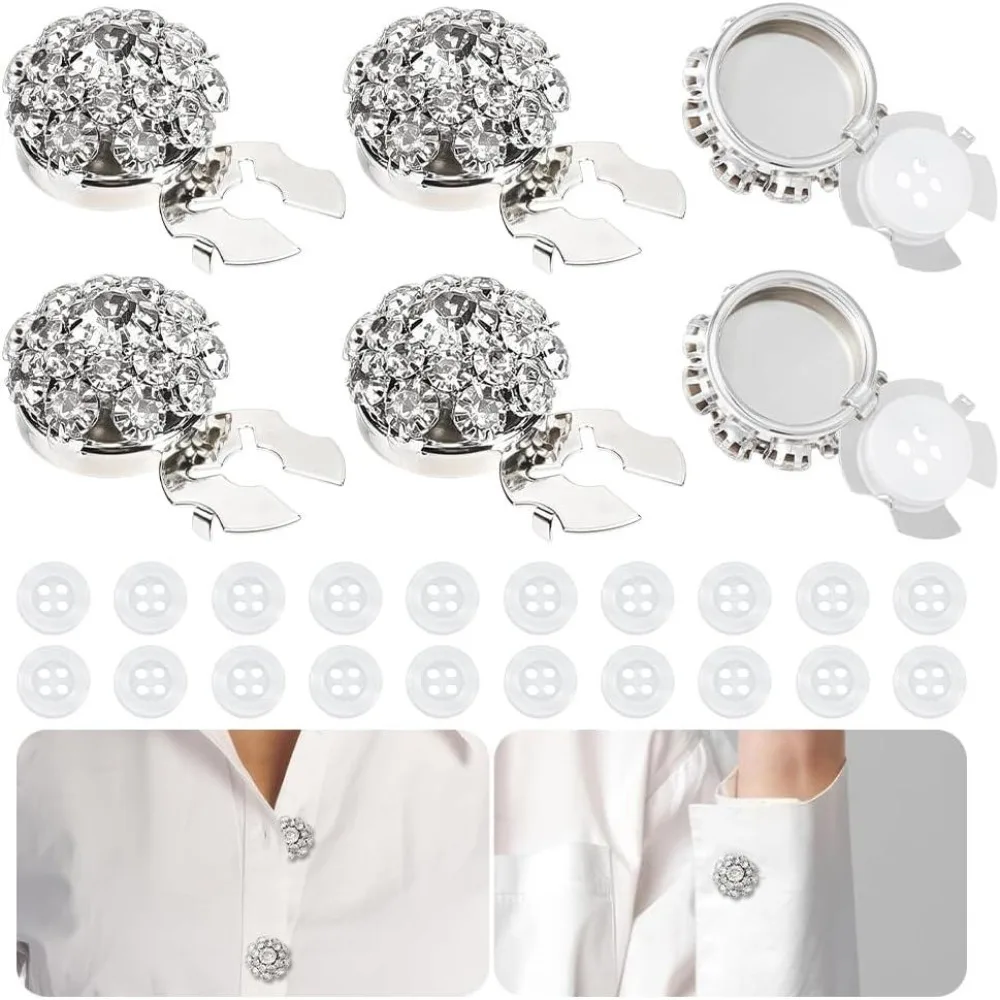 6 Pcs Button Covers for Women and 20 Pcs 4-Hole Sewing Buttons Flower Sleeve Buttons Cover Decorative Button Clips Platinum