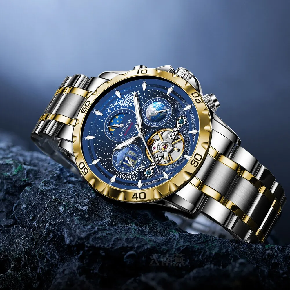 GLENAW Design Mens Watches Top Brand Luxury Fashion Business Automatic Watch Men's Waterproof Mechanical Watch Montre Homme