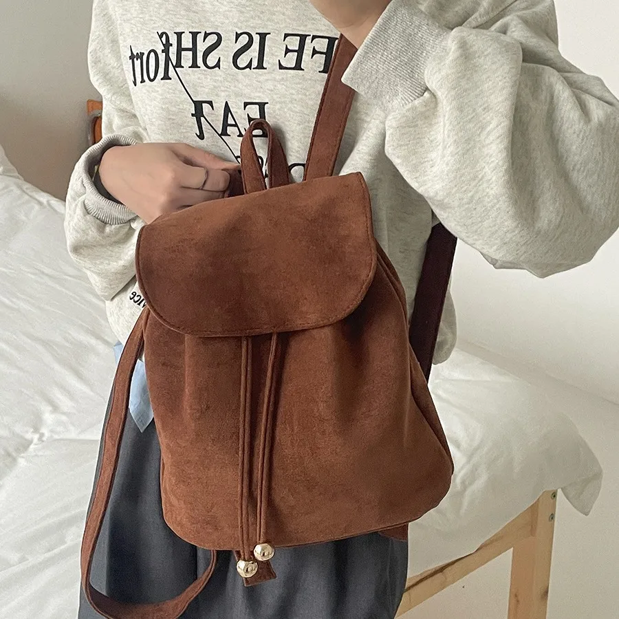 Girl Solid Color Retro Style Canvas Korean Casual Women Backpack Harajuku High School Students Washed Canvas Drawstring Backpack