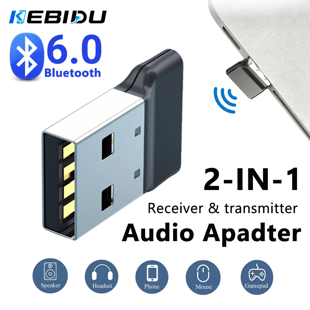 KEBIDU Bluetooth 6.0 Adapter USB Dongle Wireless Audio Receiver Transmitter For PC Speaker Wireless Mouse Keyboard Free-Driver