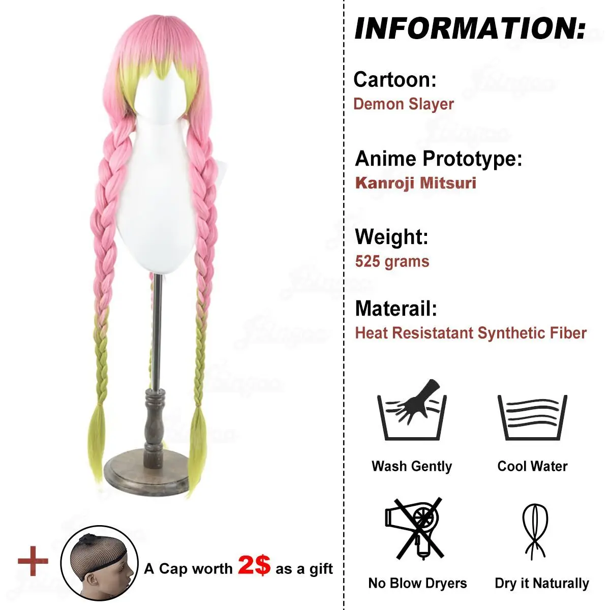 Ebingoo Synthetic Wig Demon Slayer Kanroji Mitsuri Cosplay Wig Long Pink Mixed Green Braid Hair Wig for Halloween Costume  Party
