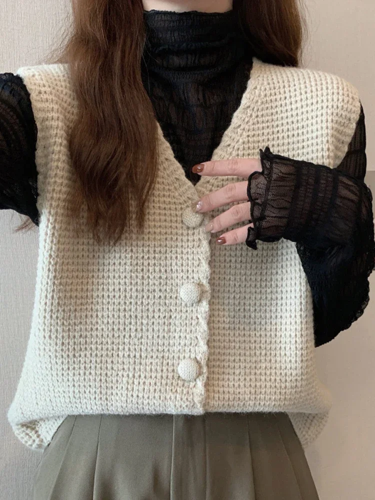 Suéter de otoño, chaleco para mujer, cárdigan de punto coreano, chaleco para mujer, moda Vintage sin mangas, prendas de punto de una sola botonadura, Tops informales