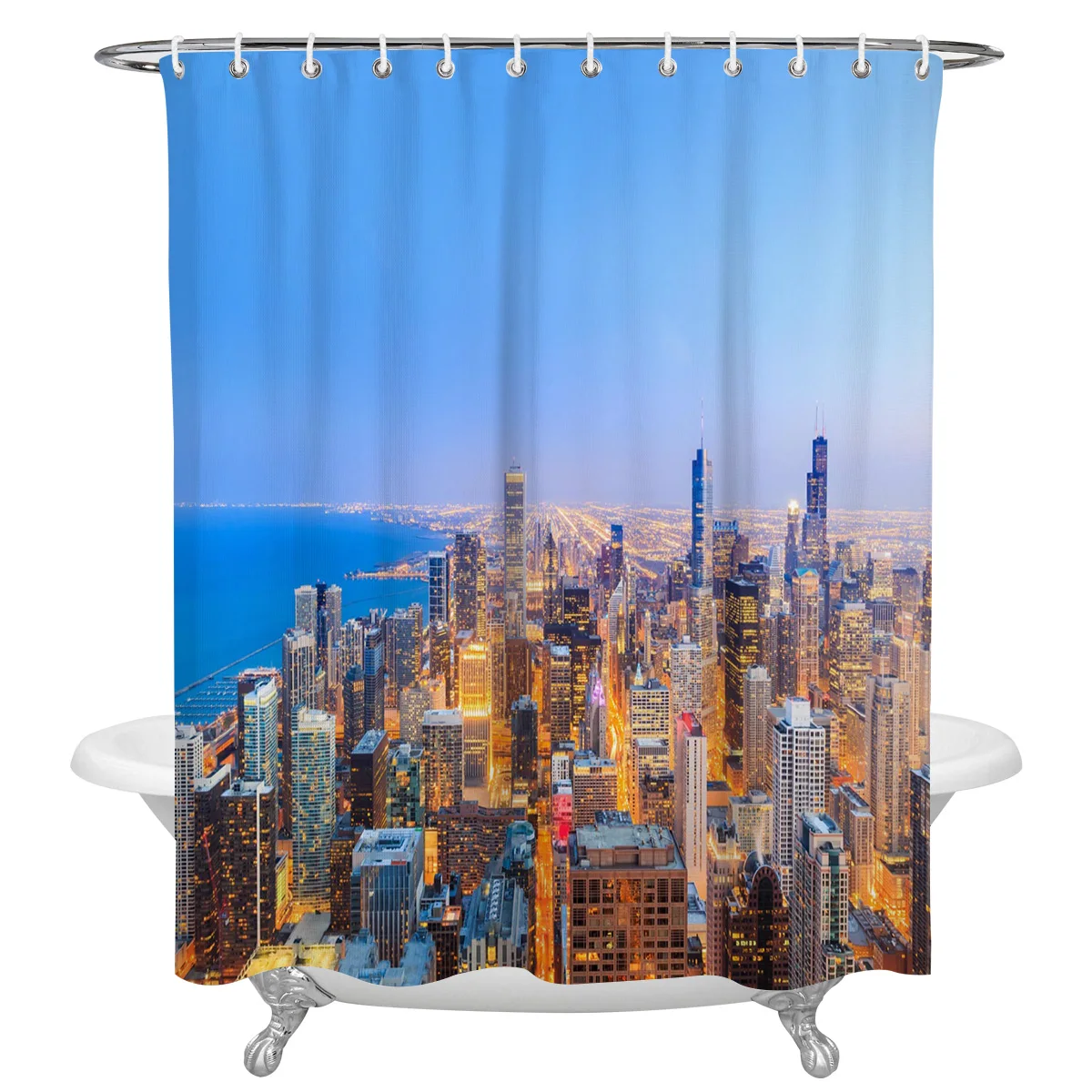 Lake Michigan Chicago City Dusk Urban Building Waterproof Shower Curtain With Hook Bath Curtains Bathroom Decoration Accessories