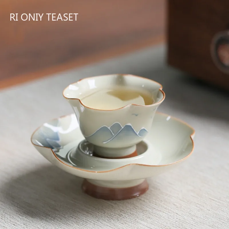 

Chinese Ceramic Tea Cup with Coaster Hand-painted Landscape Tea Bowl Handmade Porcelain Teacup Travel Personal Teaware 40ml