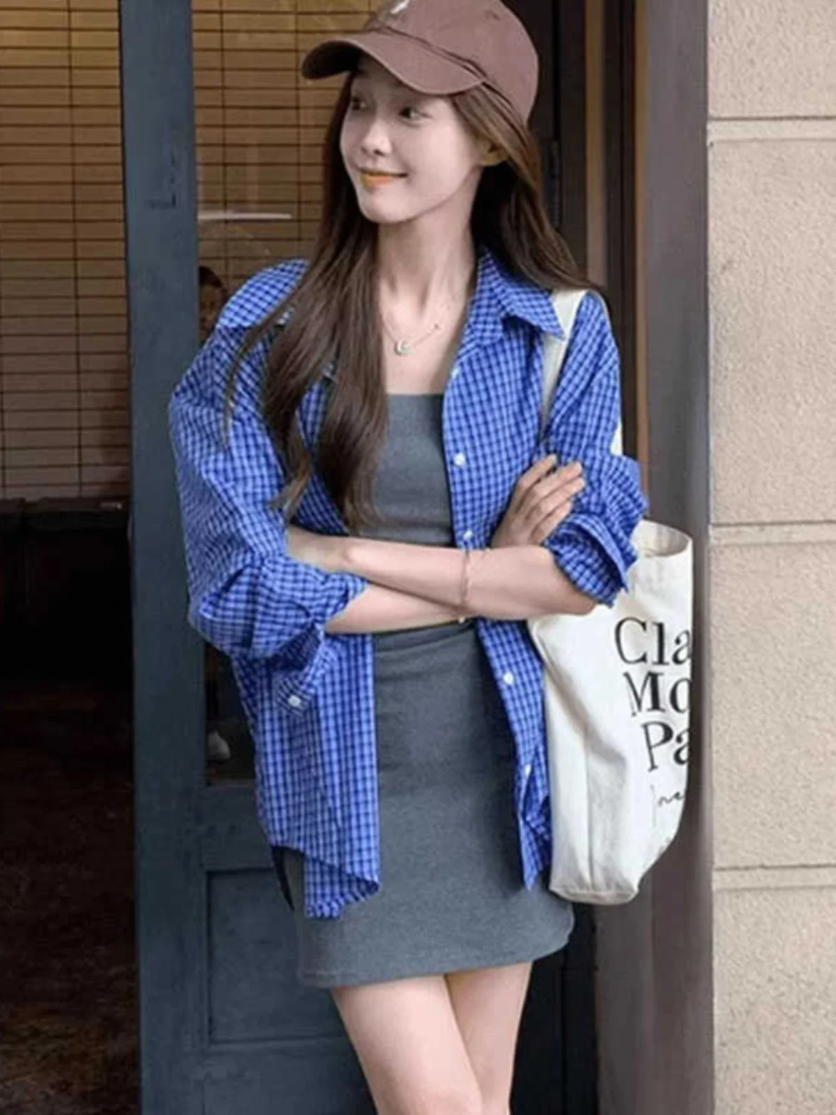 

American Style Retro Blue Plaid Long Sleeve Shirt Women's Classic Lazy Neutral New Korean Version Slimming Top Shirt