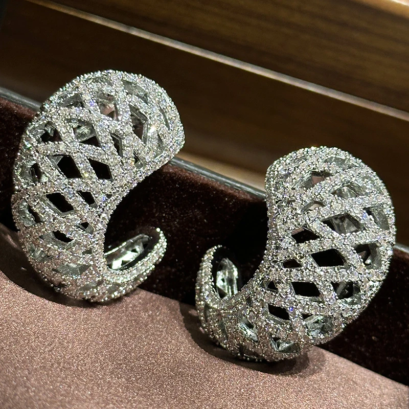 Wide Hollow Grid C Shaped Hoop Earrings Dense Paved Shiny Zircon Silver Plated Fashion Earring