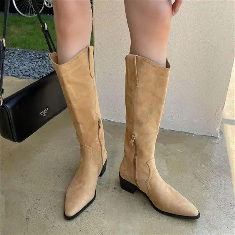 Hot Thigh High Boots Women Faux Suede Chunky Knee High Boots Ladies Black Heel Sexy Pointed Toe Designer Western Cowboy Boots