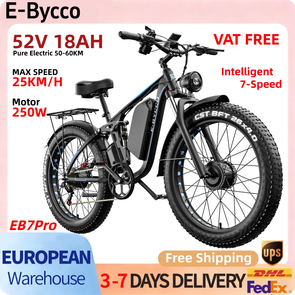 Vélo électrique tout-terrain E-Bycco EB7Pro 52V 18AH pour adultes, moteur sans balais, batterie au lithium, système de changement de vitesse à 7 vitesses, pneus larges résistants à l'usure de 26*4.0 pouces pour la montagne, la route, les aventures en plein air et les trajets de courte distance, livraison gratuite