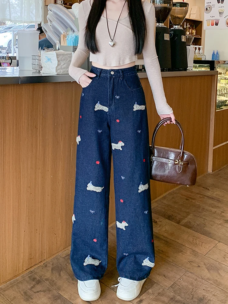 

Джинсы женские больших размеров с вышивкой в стиле ретро-мультфильмов, свободные, стройнящие, длинные, удобные, повседневные