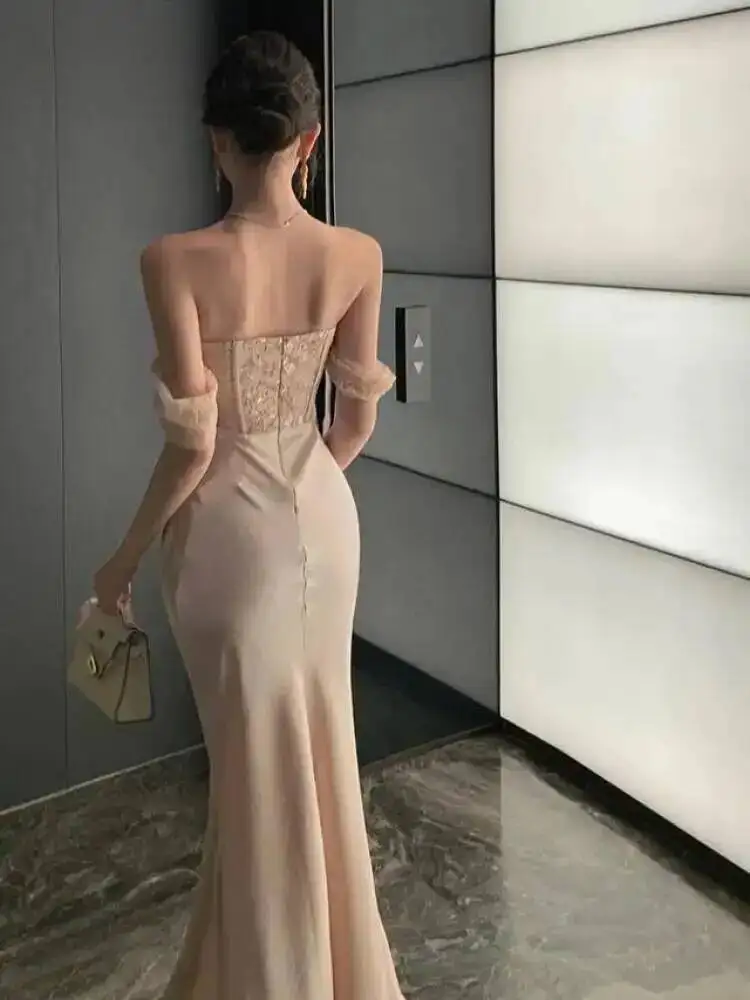 サテンパッチワークエレガントトランペットドレス女性用オフショルダーヴィンテージ服レディース誕生日パーティーシックなベスティドスボディコン