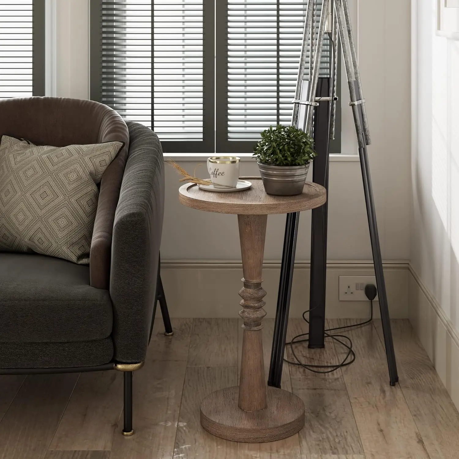 Comfort corner Pedestal Small Drinking Table, Farmhouse Tray Top End Table, Distressed Finish, Wood Color