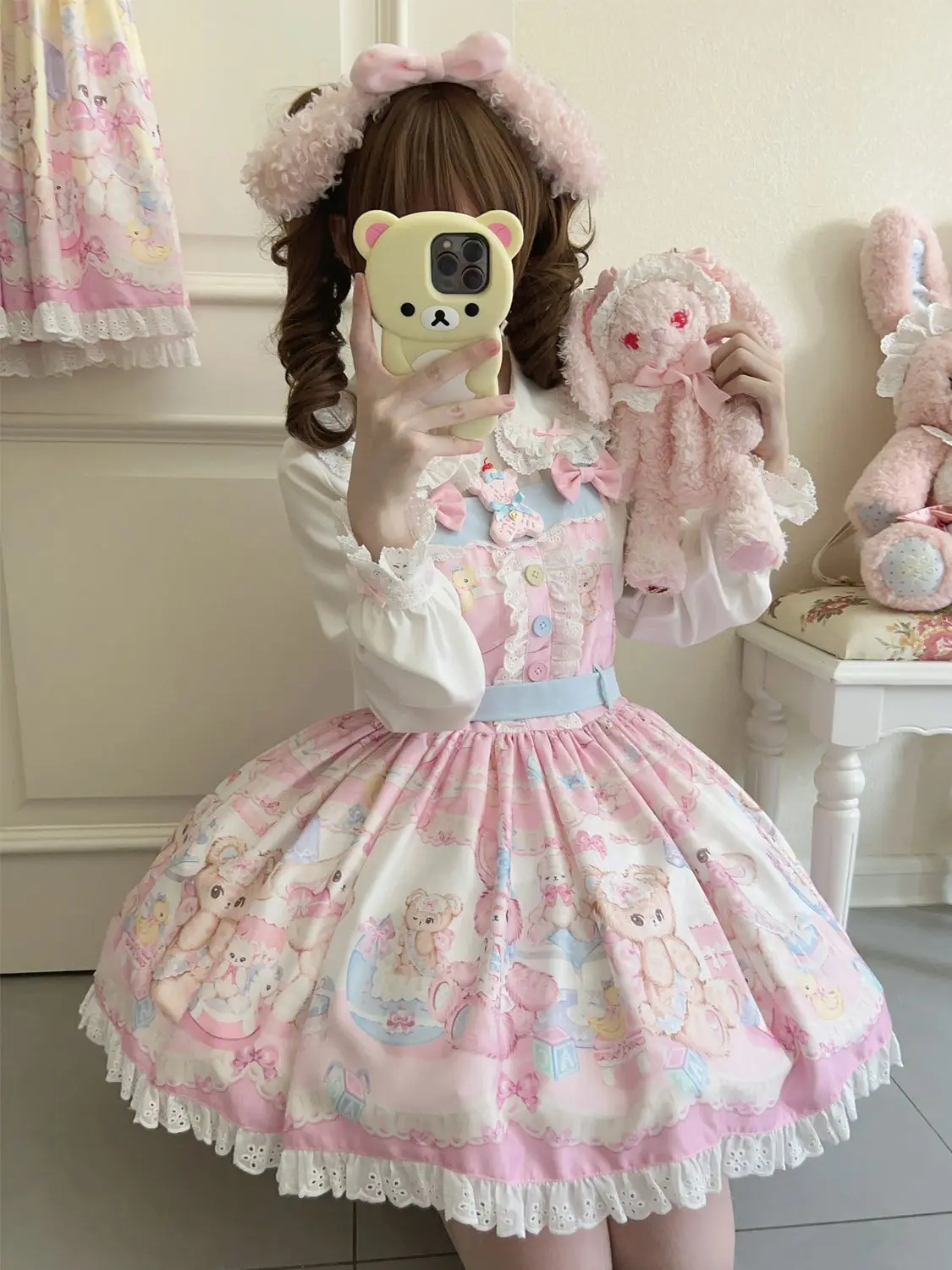 Japanese Sweet Dream Jsk Lolita Dress Kawaii Cute Bear Print Bow Lace Strap Dresses Girl Harajuku Princess Mini Dress