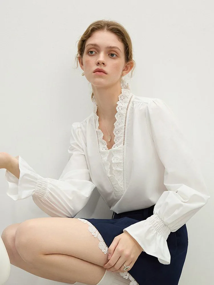 Kant Patchwork Wit Shirt Dames Vintage Amerikaanse Lente Lange Mouw Sexy V-hals Blouse Casual Losse Preppy Stijl Elegante Tops