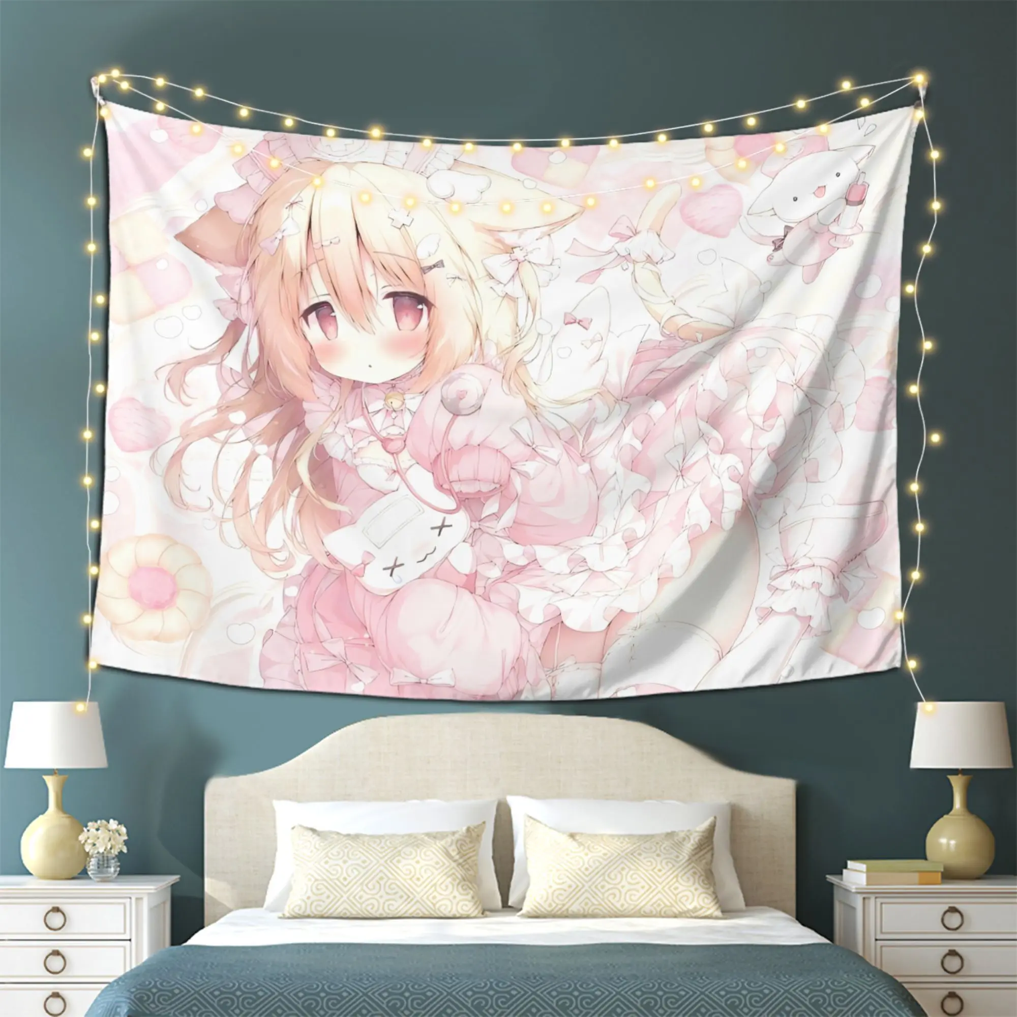 VIKAMA Niedlicher Anime-Katzenmädchen-Wandteppich – dekoratives Hängetuch für Mädchenschlafzimmer, Heimdekoration für Wohnzimmer, Spielzimmer
