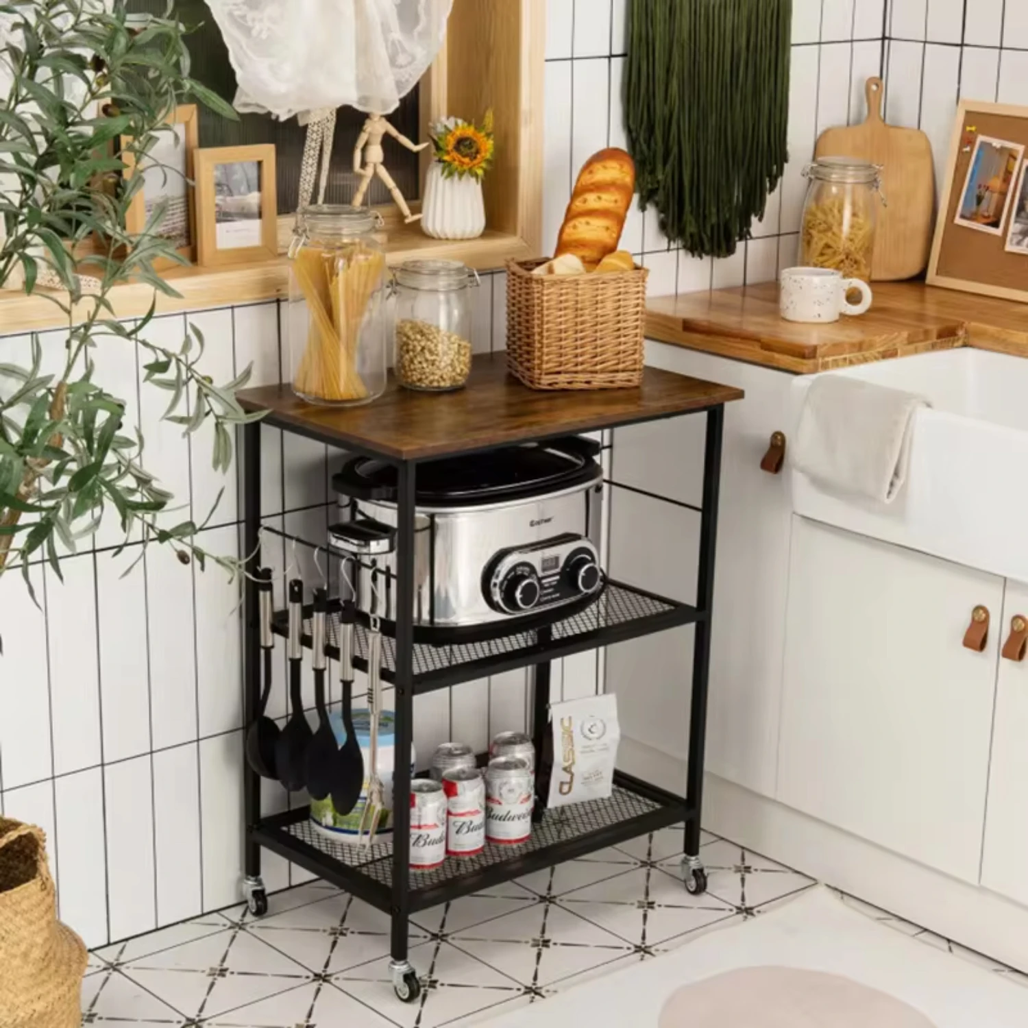 

Durable Rack 3-Tier Kitchen Serving Cart Utility Standing Microwave Rack with Spacious 3-tier Open Shelf Trolleys