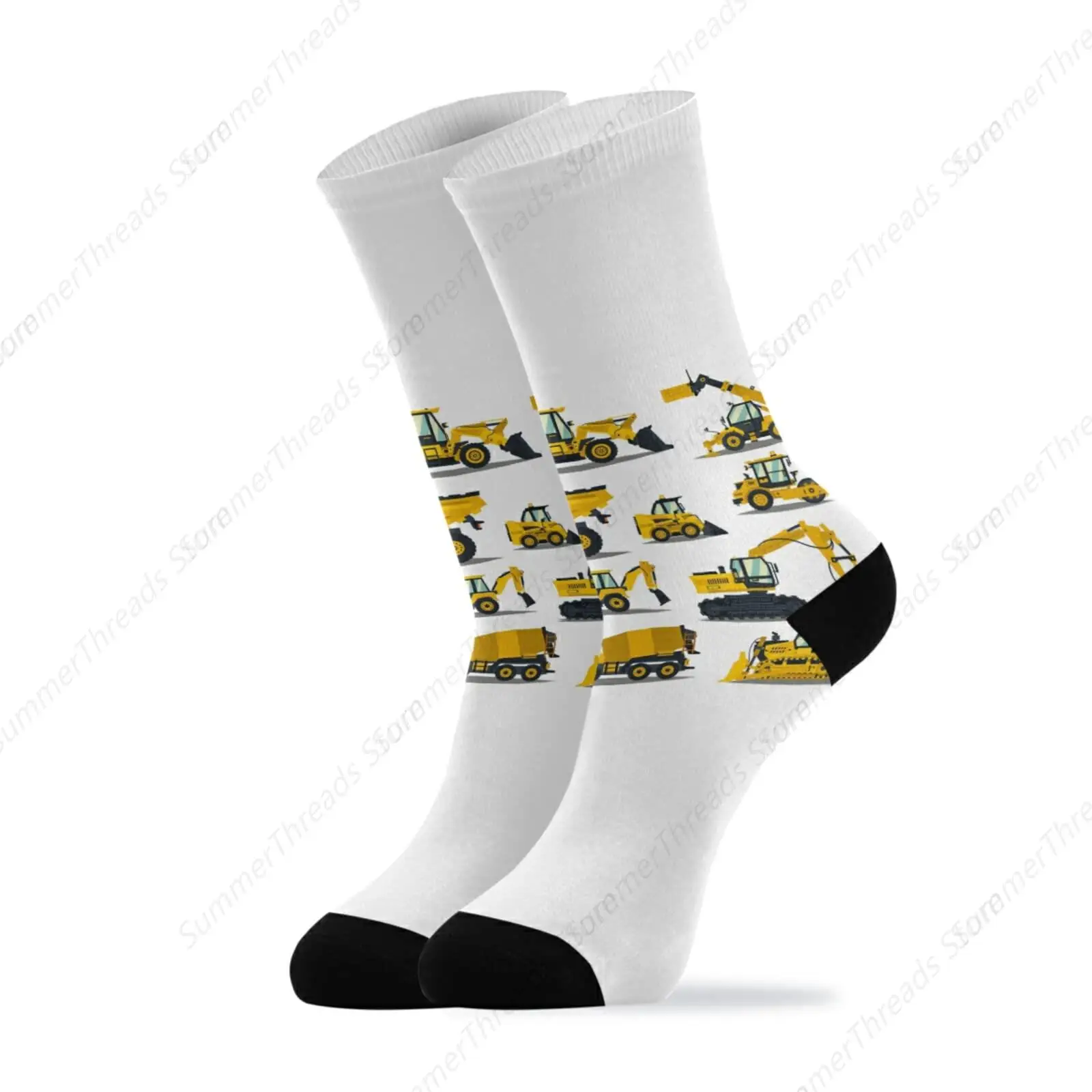 Yellow Construction Excavators, Tractors, Bulldozers, Trucks Unisex Long Casual Socks Athletic Crew Socks for Women Men