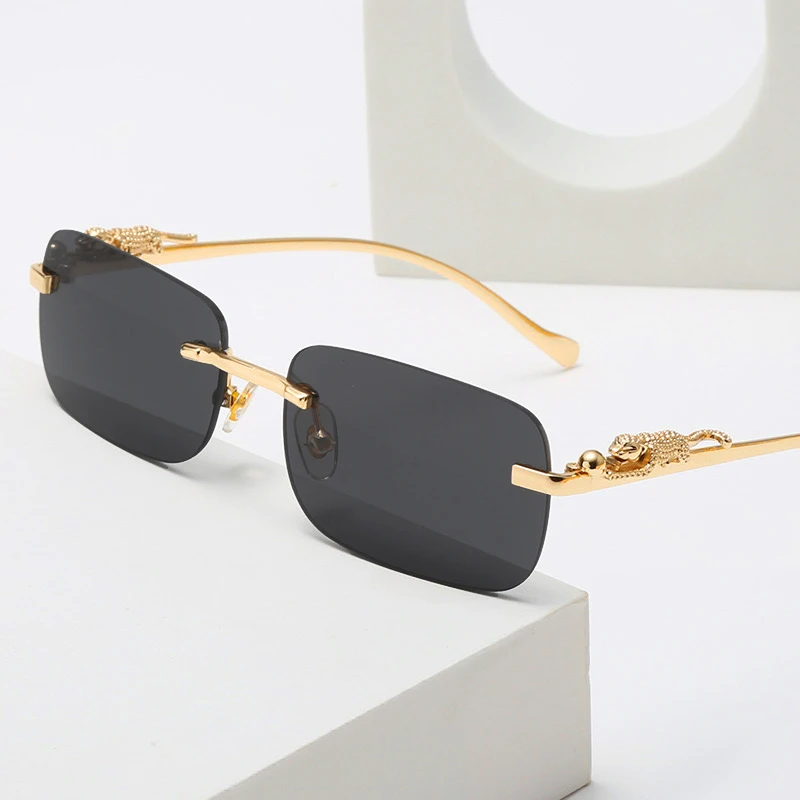 

Gold Black Rectangular Sunglasses With Metal Hinge Rimless Metal sunglasses Summer fashion Travel Street Photo Sunglasses