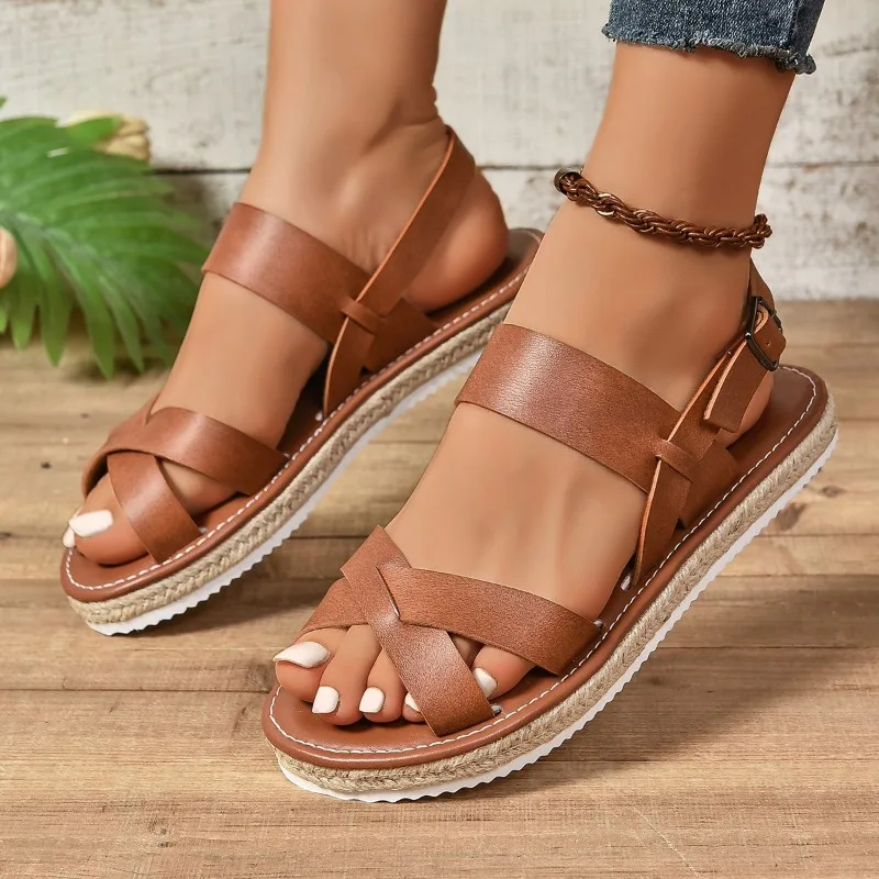 2024 Summer Women\'s Brown Rope Flat SandalsSize42 Thick Sole Sandals for Women Lightweight Anti-Slip Beach Sandalias De Mujer