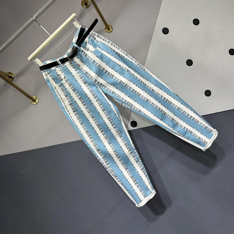 Imagem -03 - Thin Blue White Stripe Dotted Prints Jeans Mulheres Europeu 2023 Calças de Verão Novidades High Waisted Jeans Slim Elegant Harem Pants