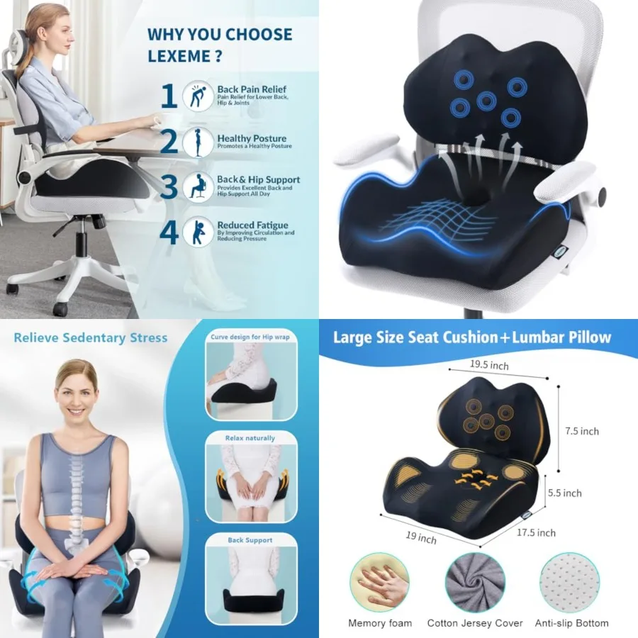 

X Large Memory Foam Seat Cushion Lumbar Support Pillow for Sciatica Tailbone Pressure Relief Coccyx Pad for Office Chair, Car,