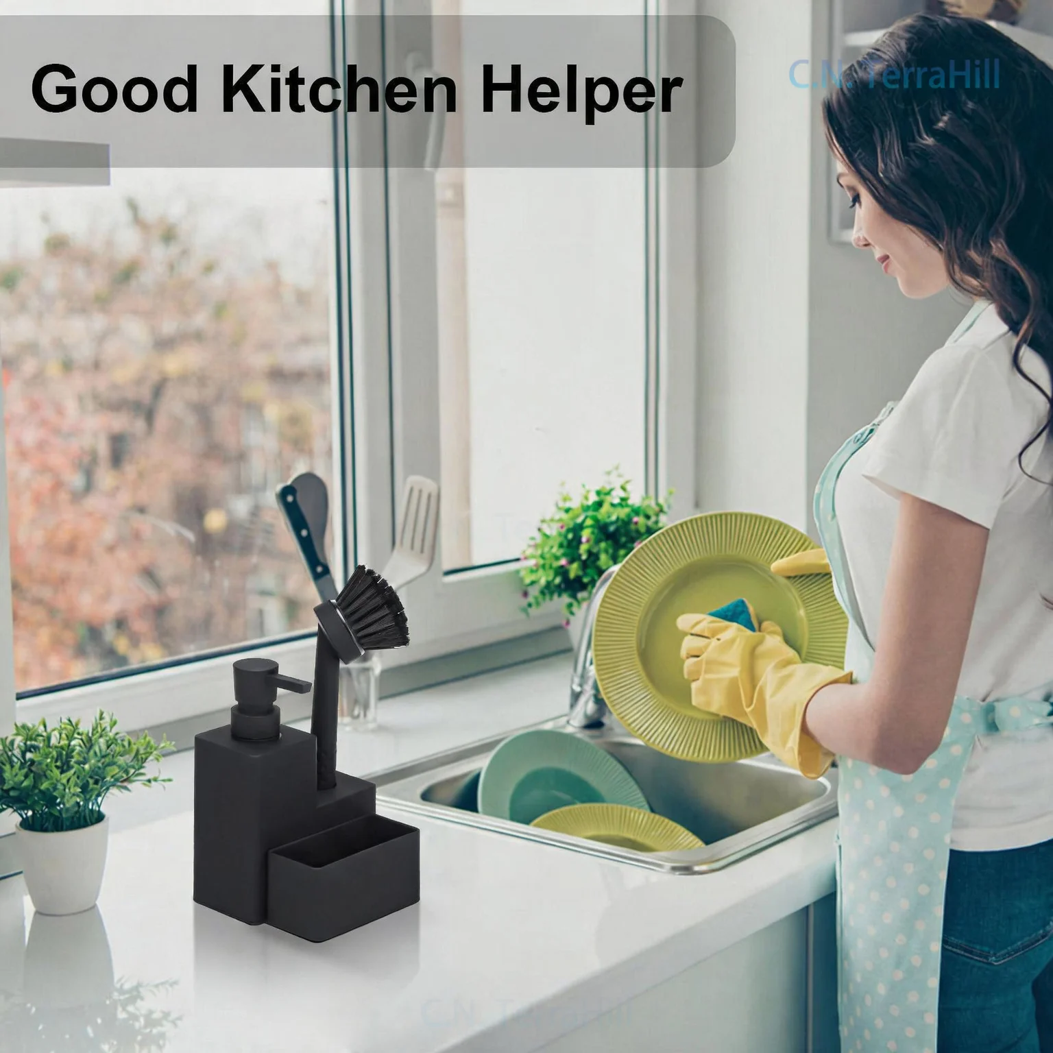 3-in-1 Kitchen Organizer Soap Dispenser with Dishwashing Liquid Bottle, Sponge Holder and Brush Caddy for Sink Countertop