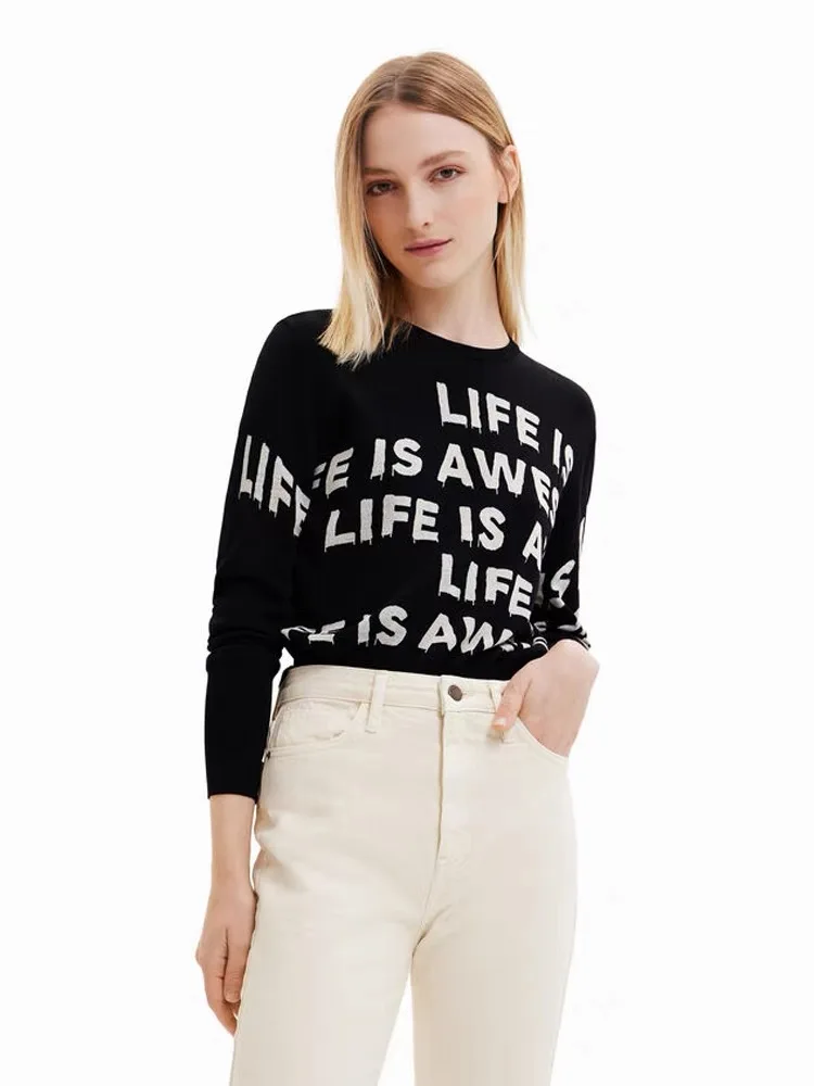 

European, American, Spanish original single letter printed short round neck women's knitted sweater elastic fashion pullover