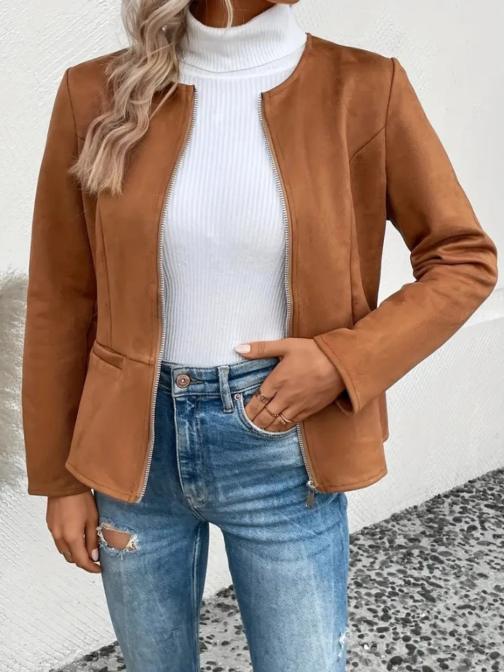 

Women's Commuter Coat 2024 Autumn Winter Latest Slim Fit Slimming Zipper Long Sleeved Jacket Round Neck Open Front Cardigan