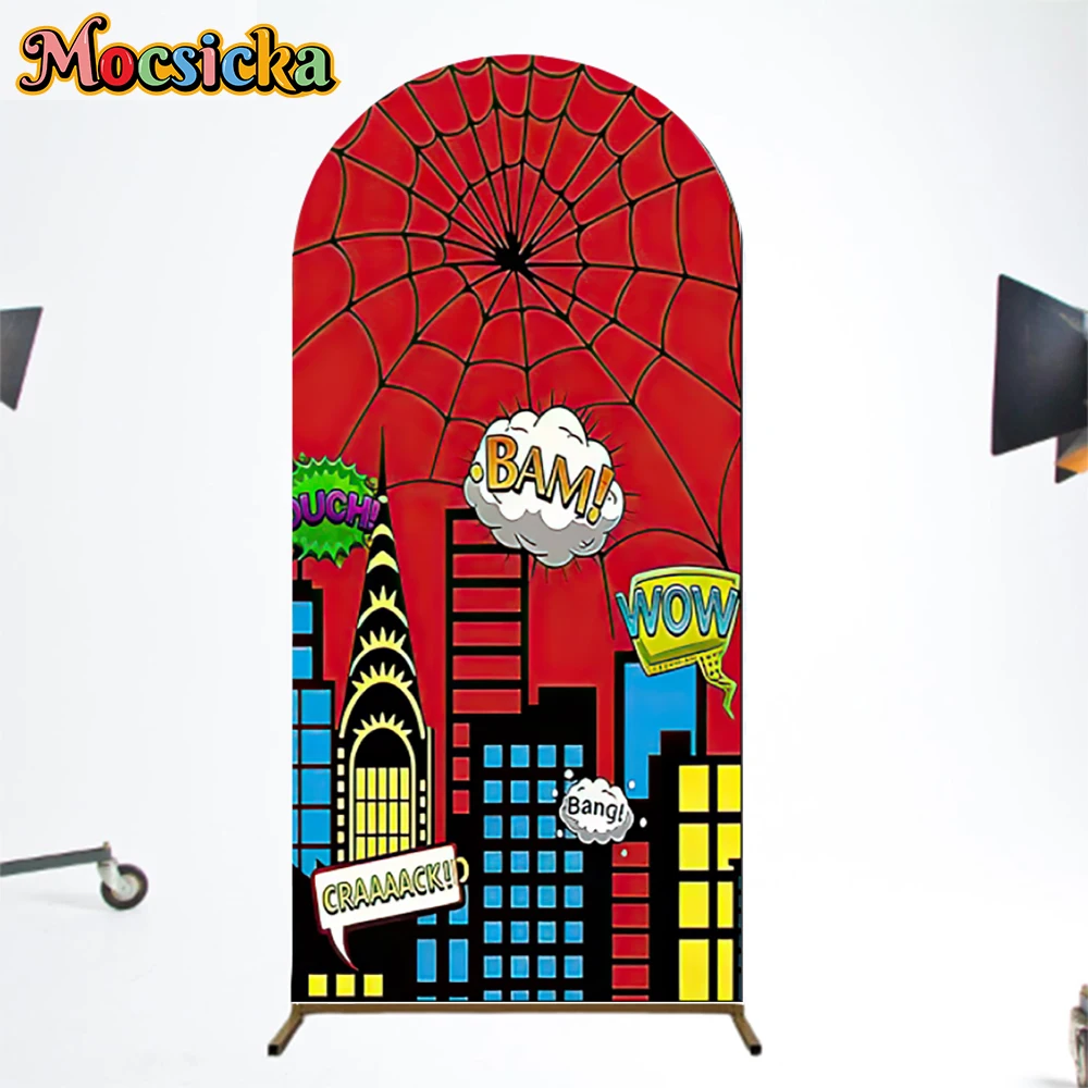 Mocsicka Arched Comic Spider Web Red Urban Skyscraper Photo Backgrounds City Kids Birthday Cosplay Newborn Backdrops Photo Booth