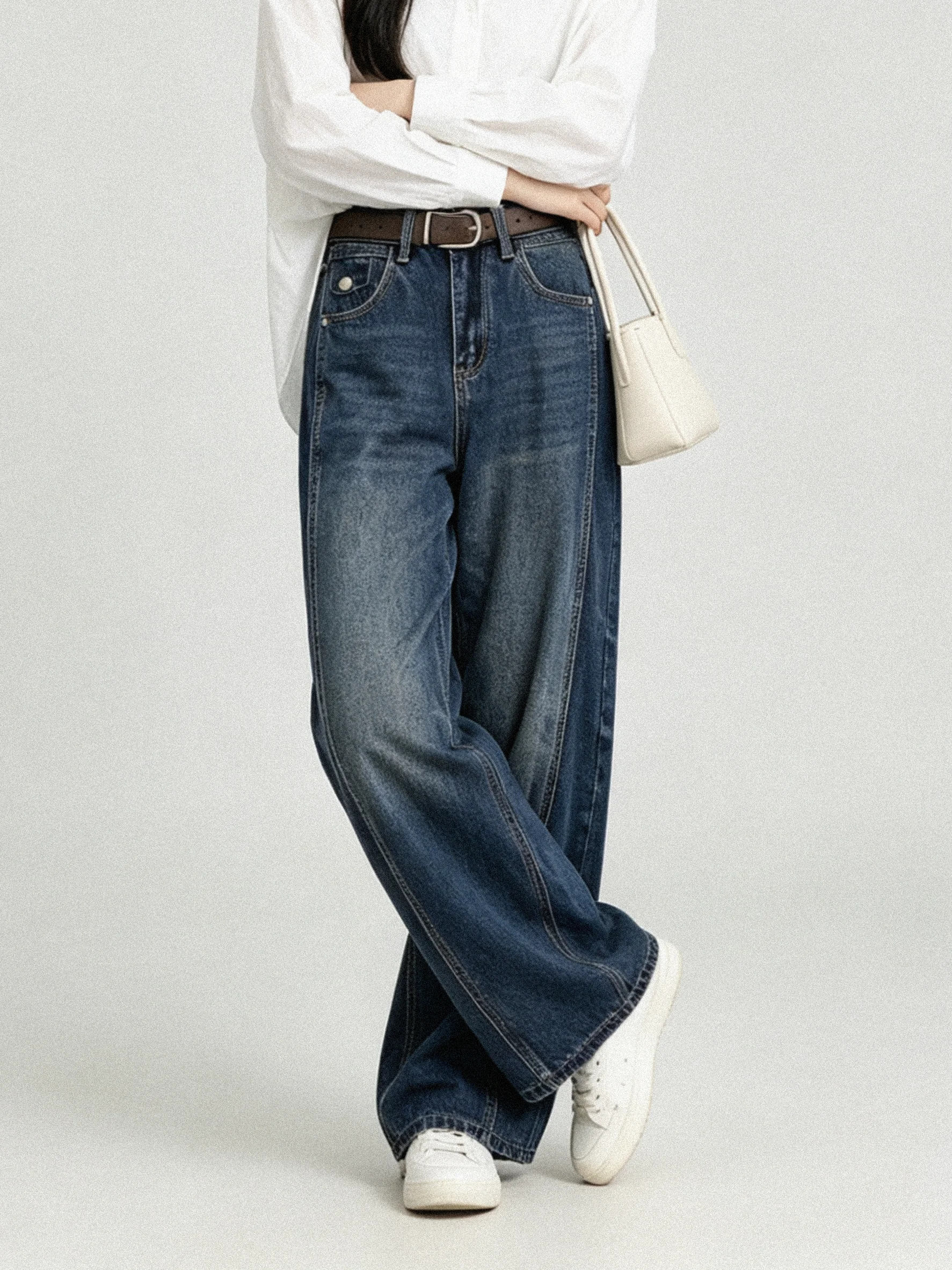 High Waist Wide Leg Denim Pants Korean Style American Workwear Slimming Autumn Fashion Casual Loose Fit Ladies Jeans