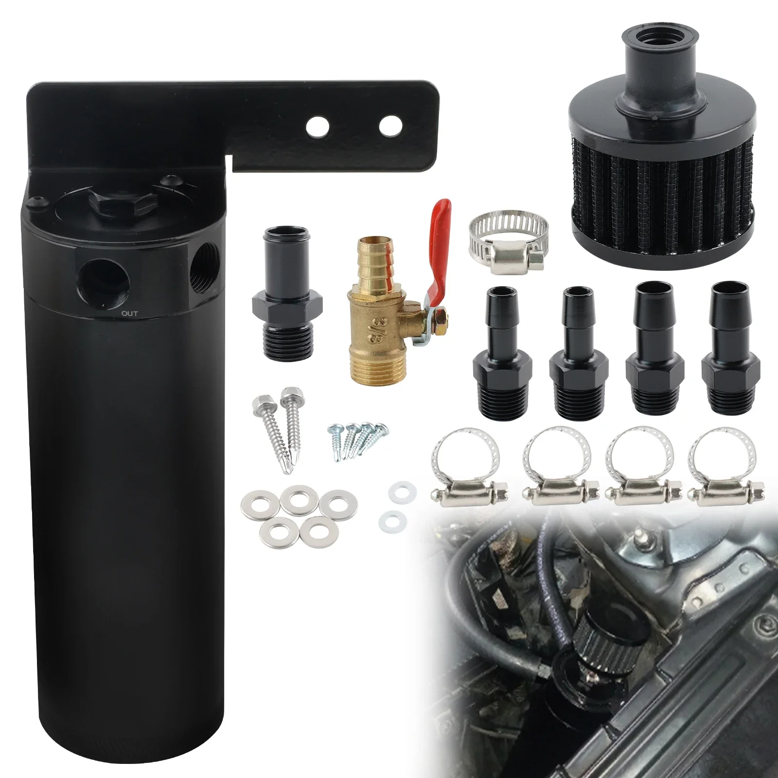 Oil Catch Can Kit Black 750ML 2-port Baffled Oil Catch Can Reservoir Tank with Breather Filter and Drain Valve