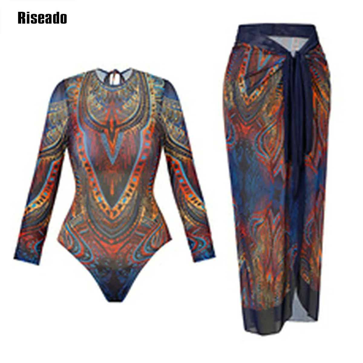 Mesh Swimsuit with Long Swimdress Long Sleeve Mesh Beachwear Sexy High Waist Bathing Suit with Skirt Smart Beach Clothing