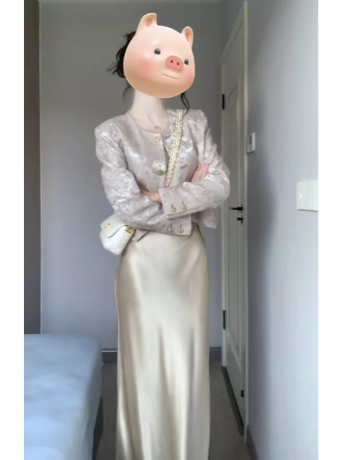 Chic Acetato Raso Jaet And Dr Set Vintage Sle Or Sve Long Dr Comodo Fit Autunno Faion Ensemble da donna