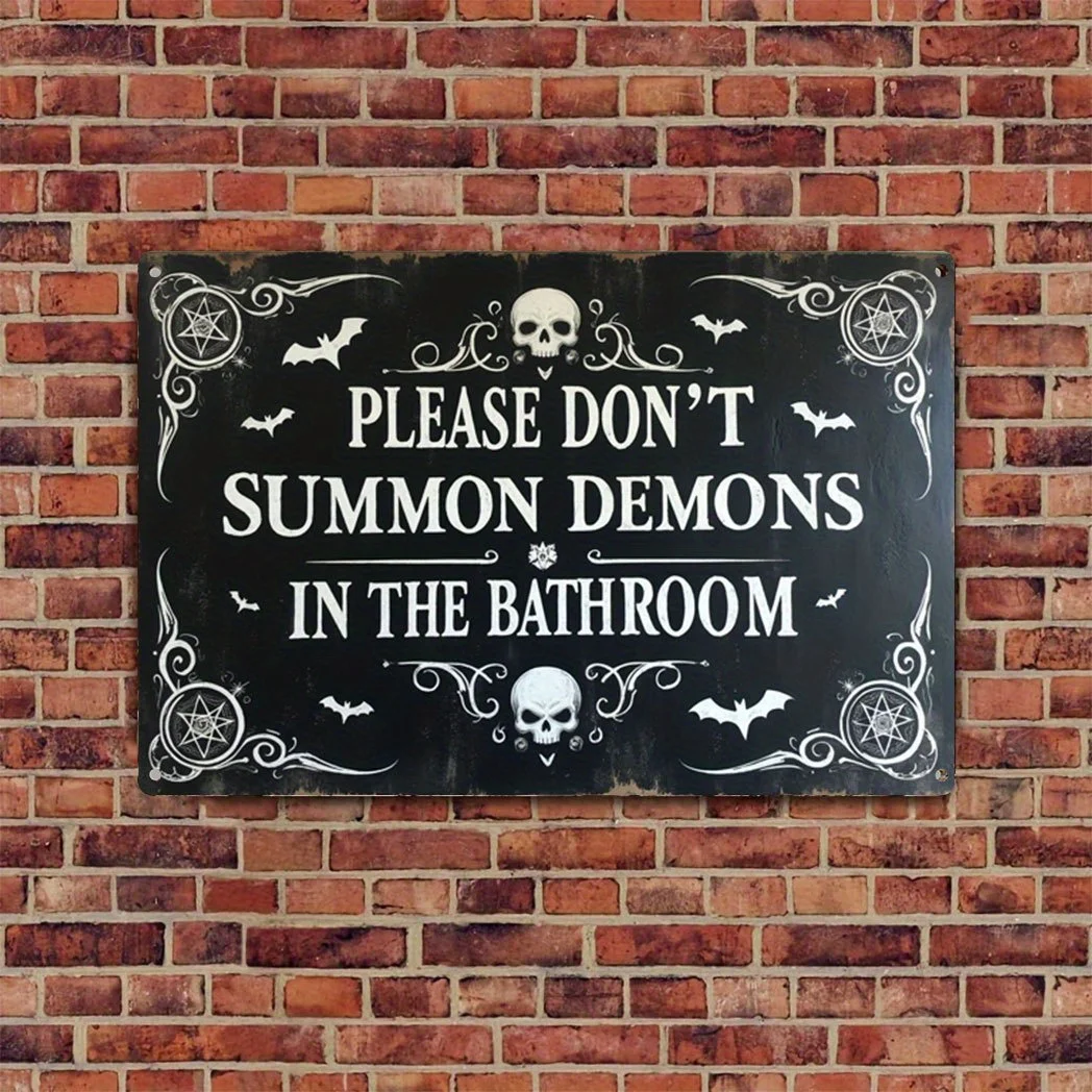 2D Flat Vampire Retro Tin Sign, Gothic Halloween Wall Decor with Skull Bat & Humor Quote, Distressed Metal Farmhouse Wall Art fo