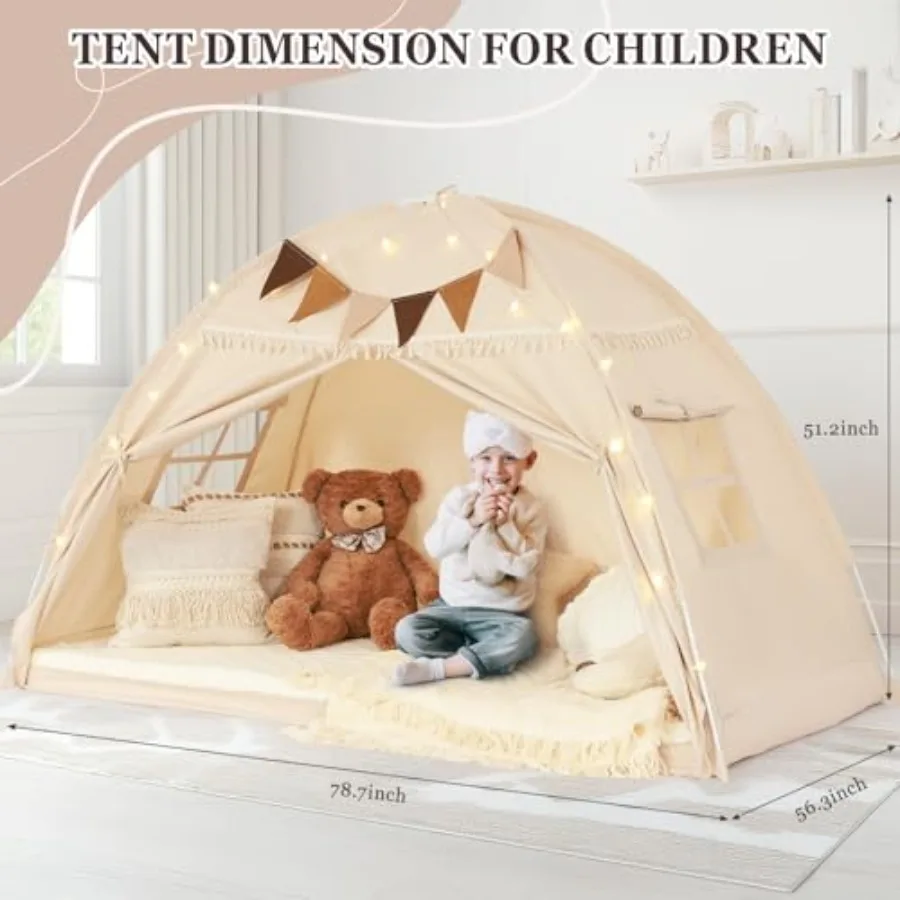 Full Size Bed Tent Canopy Play Tent with Flags and Star Lights Canopy on Bed Privacy Space Sleeping Blackout Tents Indoor Breat
