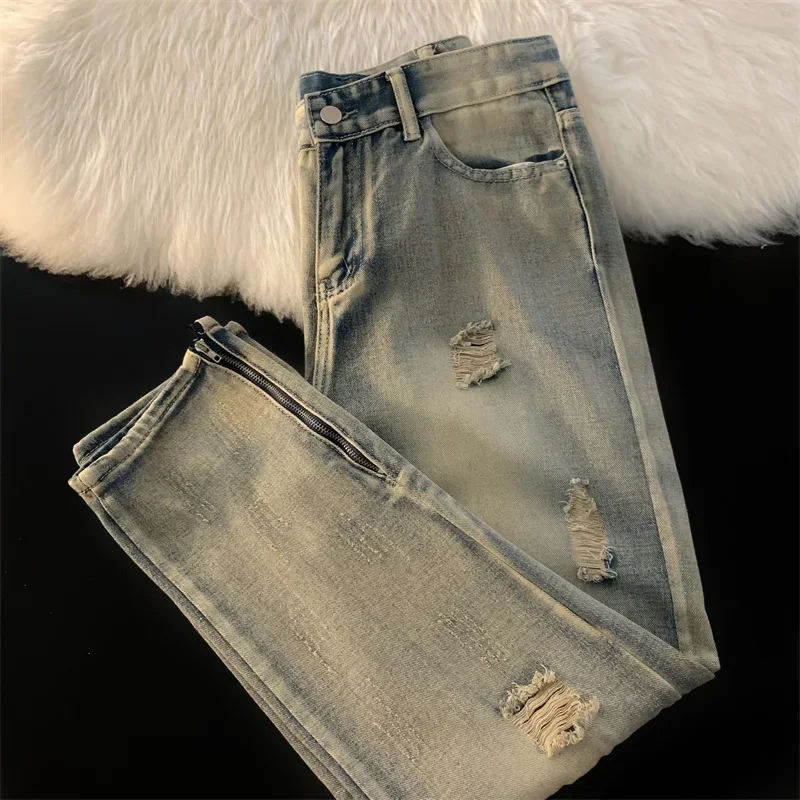 

New Ripped Jeans For Men Street Fashion Denim Trousers Autumn Baggy Hip Hop Casual Regular Streetwear Wide Leg Pants A18