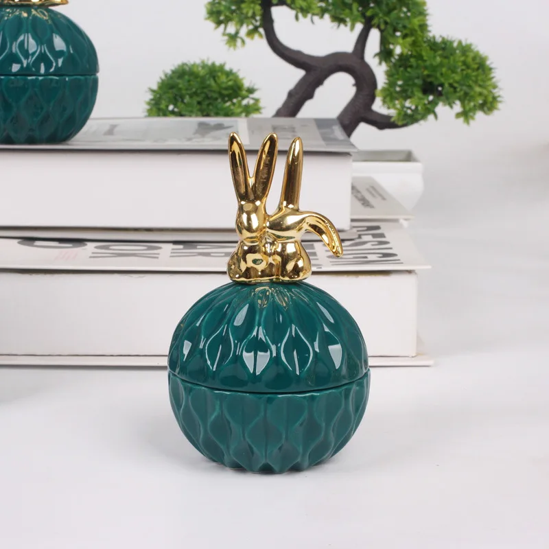 Nordic Dark Green Ceramic Animal Electroplating Ornaments Creative Girl Jewelry Ring Box Sealed Storage Box Hand Gift Mini Jar