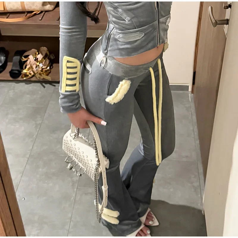 Damen-Hosen-Sets Kunstfell-Patchwork Langarm-Reißverschluss-Hoodies Mäntel Hochgeschnittene Schlaghosen Herbst Neue Schlanke Outfits für Frauen – Detail 17