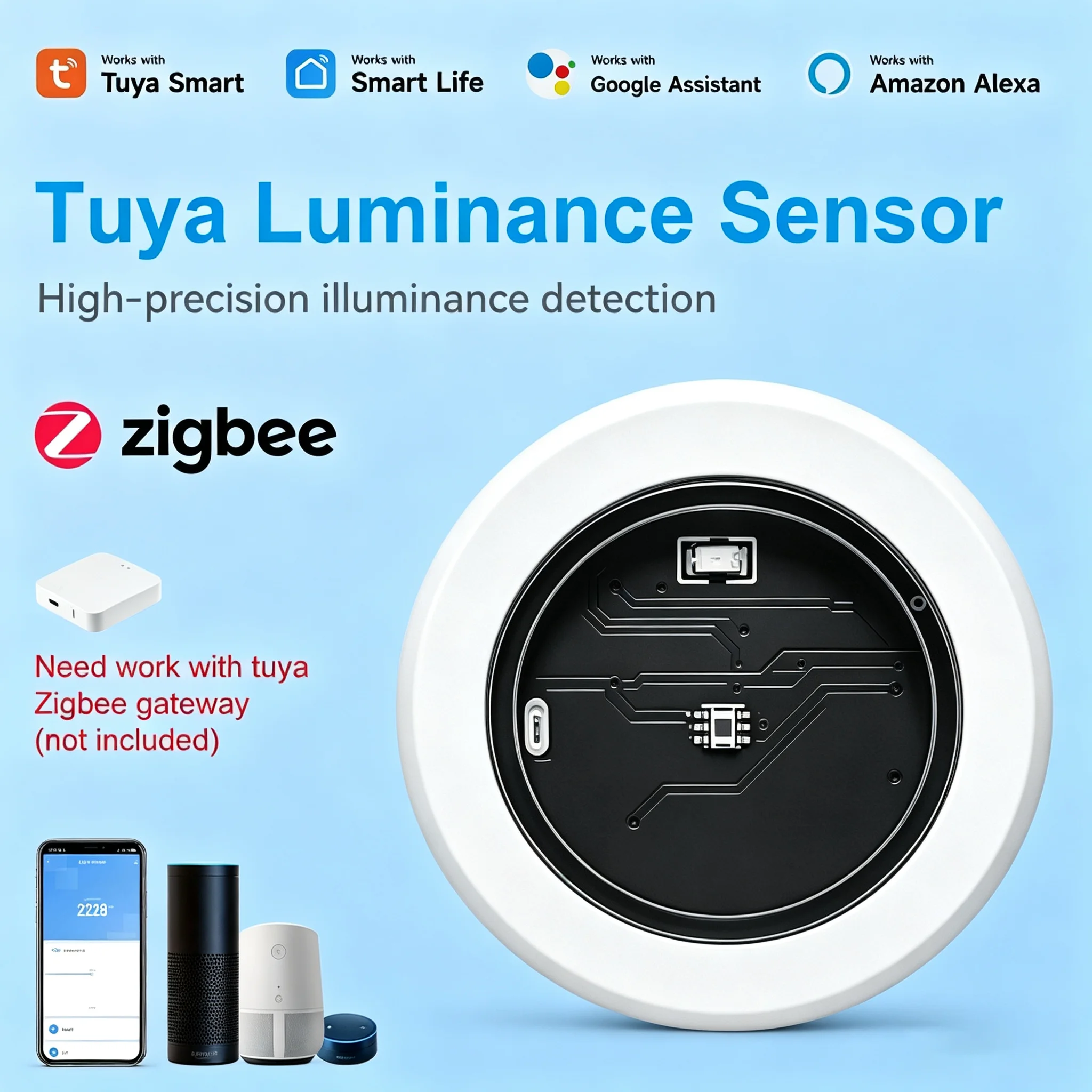 

Tuya Smart Zigbee Luminance Sensor Smart Life App High-Precision Illumination Detection for Home Lighting Automation